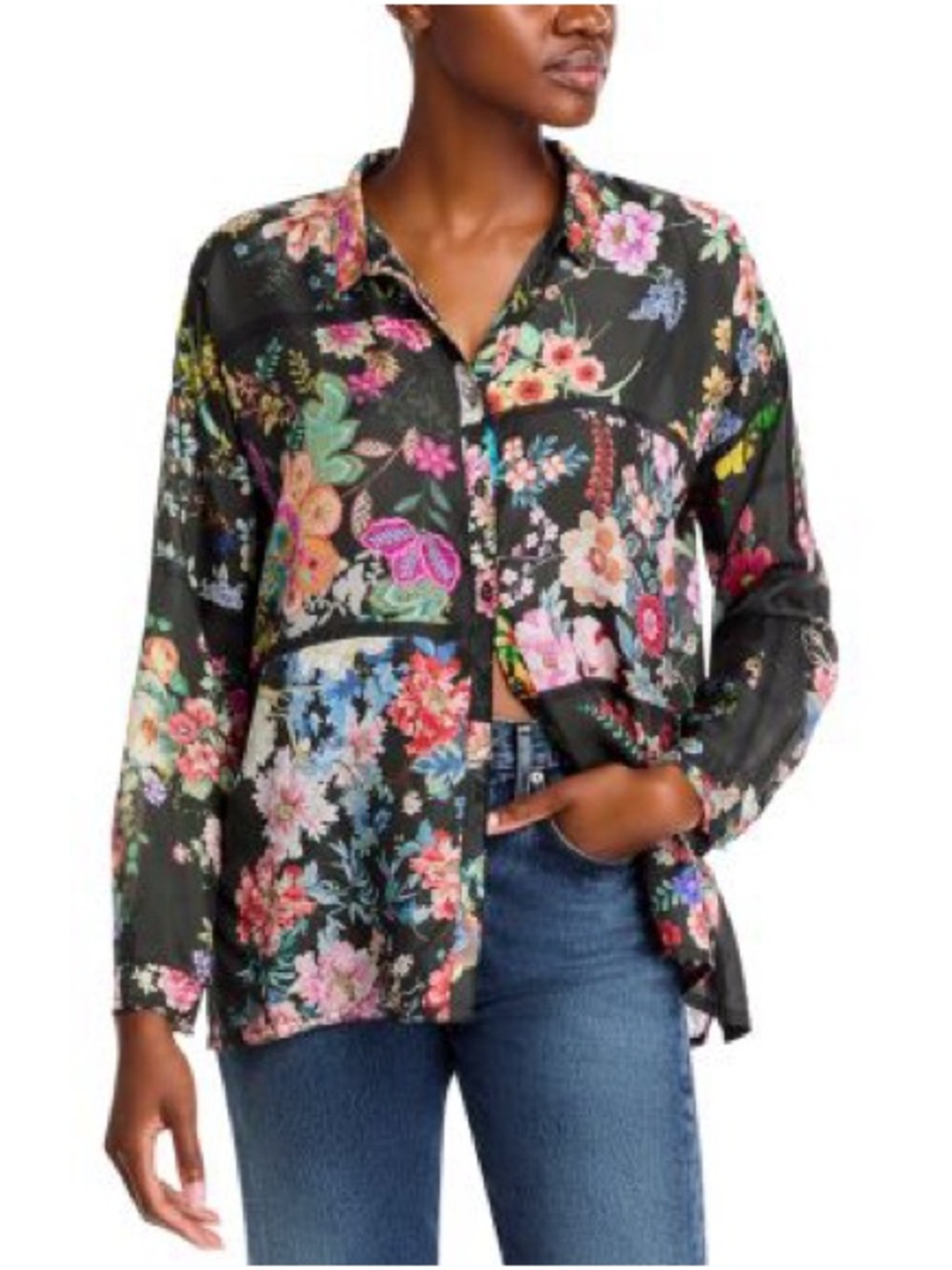 Johnny Was Black Floral Button-Down Shirt